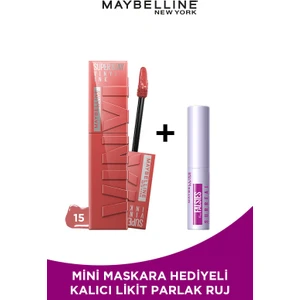 Maybelline New York Mini Surreal Maskara Hediyeli Super Stay Vinyl Ink Uzun Süre Kalıcı Likit Parlak Ruj 15 Peachy