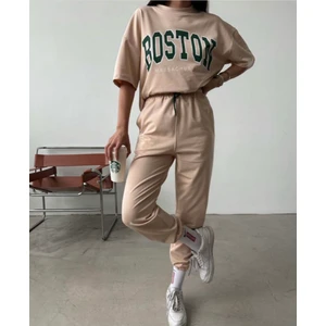 Amor Man Özel Tasarım Boston Baskılı %100 Pamuk Kısa Kollu Yazlık Oversize Kadın Eşofman Takımı