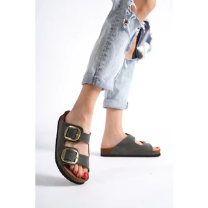 Anetta Kadın Kalın Çift Toka Haki Terlik