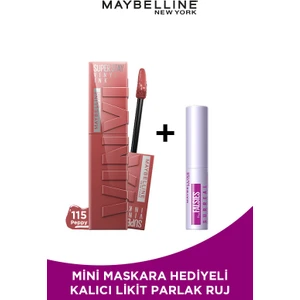 Maybelline New York Mini Surreal Maskara Hediyeli Super Stay Vinyl Ink Uzun Süre Kalıcı Likit Parlak Ruj 115 Peppy