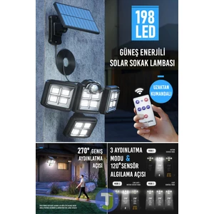 198 Ledli Solar Güneş Enerjili Kumandalı Hareket Sensörlü Bahçe Aydınlatma Sokak Lambası