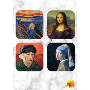 Ünlü Tablolar Baskılı Sanat Temalı  4 Adet Özel Tasarım Mdf Kare Bardak Altlığı