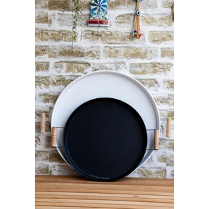 Kitchen Trend 2'li Ahşap Kulplu Metal Tepsi 45 cm Beyaz+ 37 Cm Siyah Kahve Sunum Tepsisi