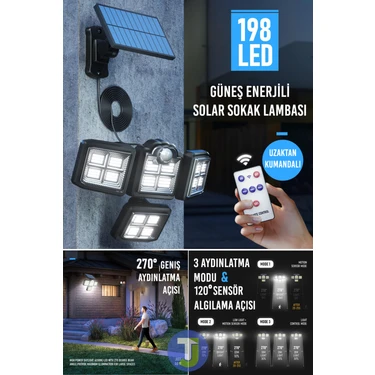 Technojet 198 Ledli Solar Güneş Enerjili Kumandalı Hareket Sensörlü Bahçe Aydınlatma Sokak
