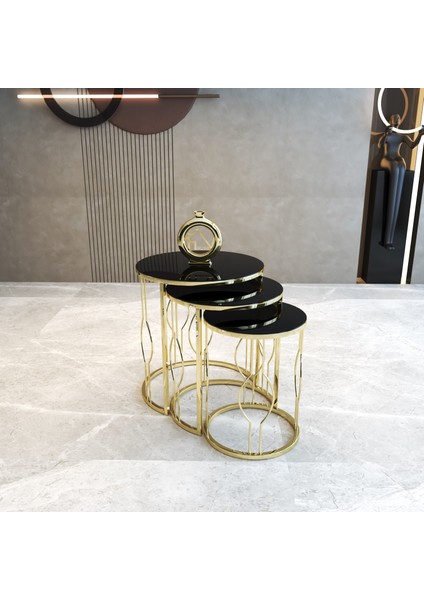 Ovaltelli Gold Metal Ayaklı Temperli Cam 3'lü Zigon Sehpa