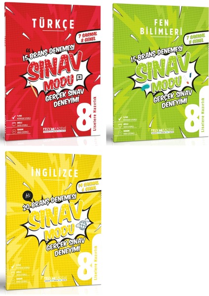 8. Sınıf Türkçe - Fen - İnglizce Sınav Modu Deneme Seti 2023 3 Kitap