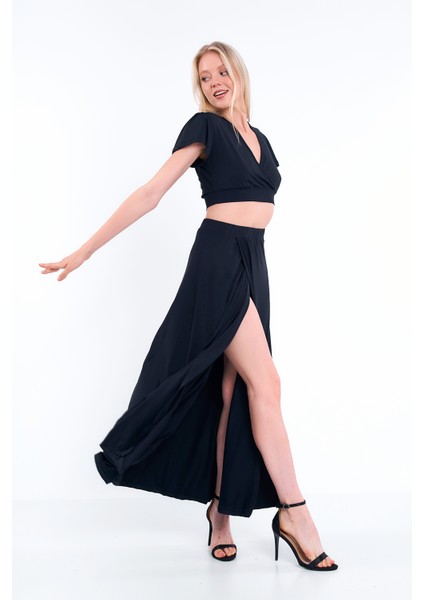 Kadın Siyah Kruvaze Yaka Yırtmaçlı Bluz Etek İkili Takım - Elbise fiyatları