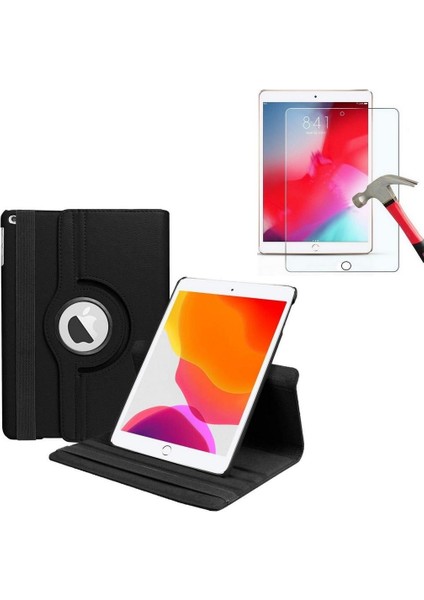 iPad 8.nesil 10.2 360 Dönerli Standlı Kapaklı Kılıf + Temperli Cam