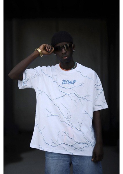 Oversize Pamuklu Bisiklet Yaka Şimşek Baskı Detaylı Erkek Yazlık T-Shirt