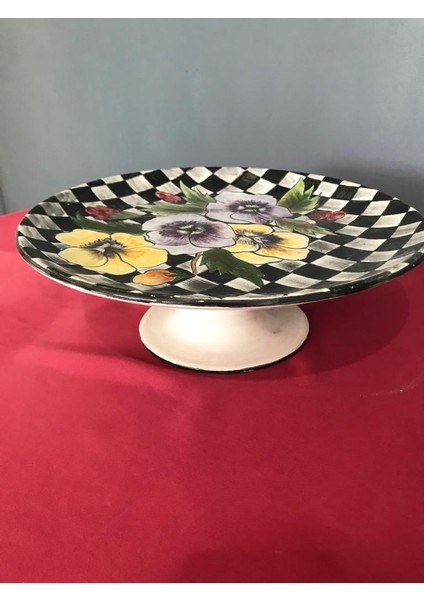 Dekoratif Mackenzie Formda Menekşe Desenli El Yapımı Çini Ayaklı Sunumluk 30 cm Çapında