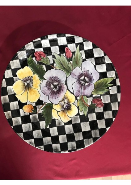 Dekoratif Mackenzie Formda Menekşe Desenli El Yapımı Çini Ayaklı Sunumluk 30 cm Çapında