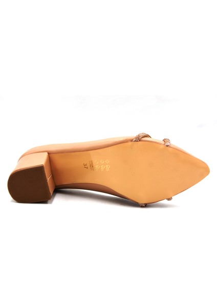 Oc Shoes Kalın Topuklu Taş Biye Desenlik Kadın Ayakkabı Nut