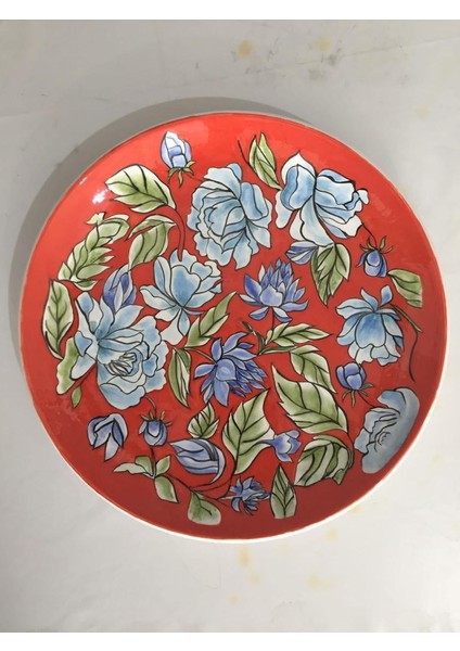 Nar Çiçeği Kırmızı El Yapımı Dekoratif Çini Tabak 30 cm