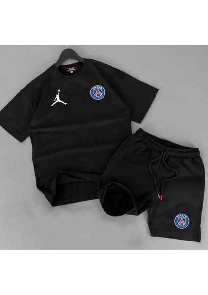 Büyük Beden Özel Tasarım Paris Baskılı Pamuk Dış Mekan Erkek T-Shırt Şort Takımı