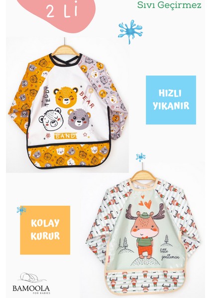 2'li Ayı ve Geyik Desenli Uzun Kollu Bebek Mama Önlüğü