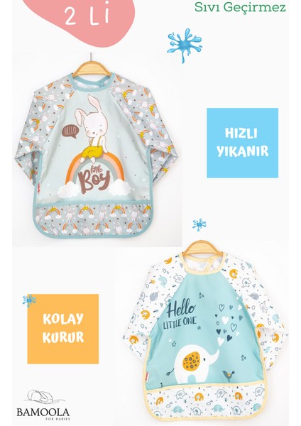 2'li Tavşan ve Beyaz Fil Desenli Uzun Kollu Bebek Mama Önlüğü