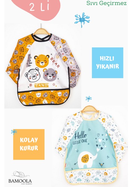 2'li Ayı ve Beyaz Fil Desenli Uzun Kollu Bebek Mama Önlüğü