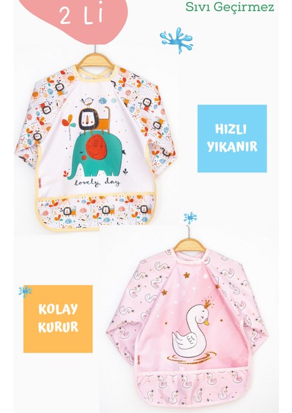 2'li Fil ve Kuğu Desenli Uzun Kollu Bebek Mama Önlüğü
