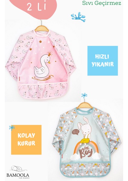 2'li Kuğu ve Tavşan Desenli Uzun Kollu Bebek Mama Önlüğü