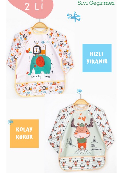 2'li Fil ve Geyik Desenli Uzun Kollu Bebek Mama Önlüğü