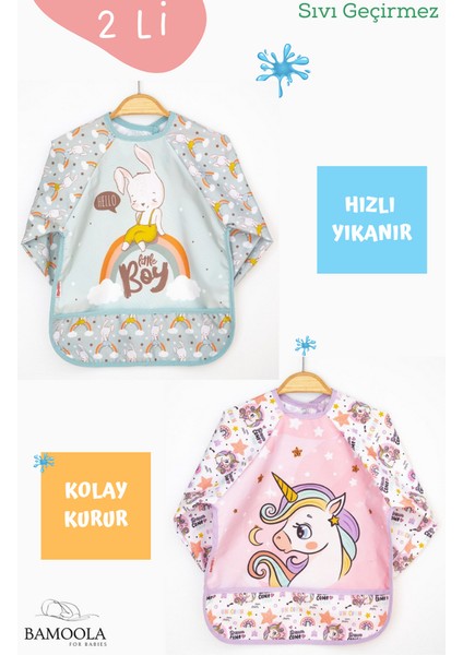 2'li Tavşan ve Unicorn Desenli Uzun Kollu Bebek Mama Önlüğü