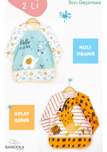 2'li Beyaz Fil ve Zürafa Desenli Uzun Kollu Bebek Mama Önlüğü