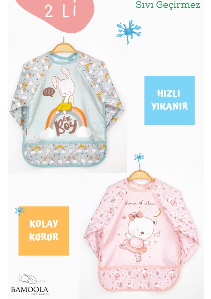 2'li Tavşan ve Ayıcık Desenli Uzun Kollu Bebek Mama Önlüğü
