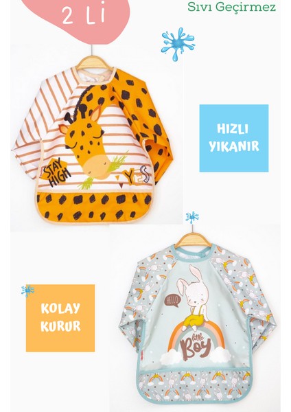 2'li Zürafa ve Tavşan Desenli Uzun Kollu Bebek Mama Önlüğü