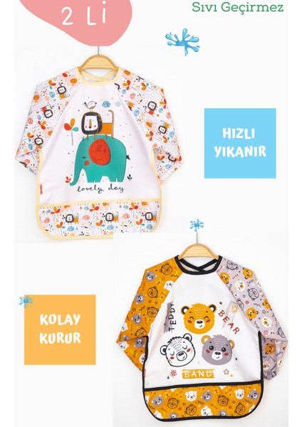 2'li Fil ve Ayı Desenli Uzun Kollu Bebek Mama Önlüğü