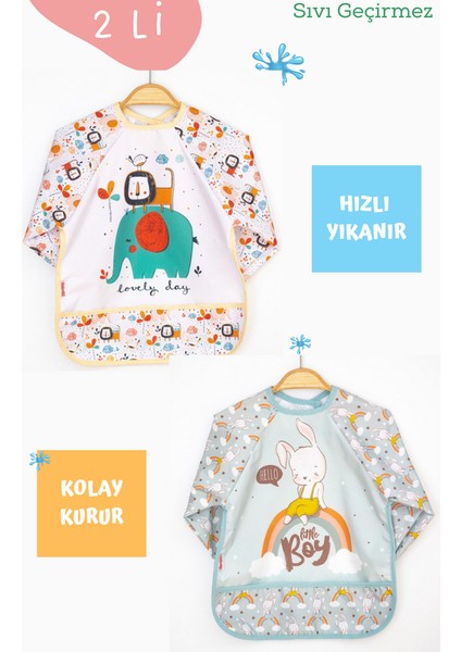 2'li Fil ve Tavşan Desenli Uzun Kollu Bebek Mama Önlüğü