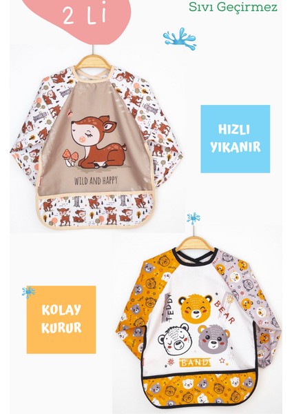 2'li Karaca ve Ayı Desenli Uzun Kollu Bebek Mama Önlüğü