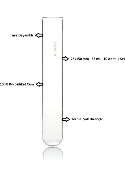 Cam Deney Tüpü 25x150 mm / 55 ml / 10 Adetlik Set / 100% Borosilikat / Isıya Dayanıklı