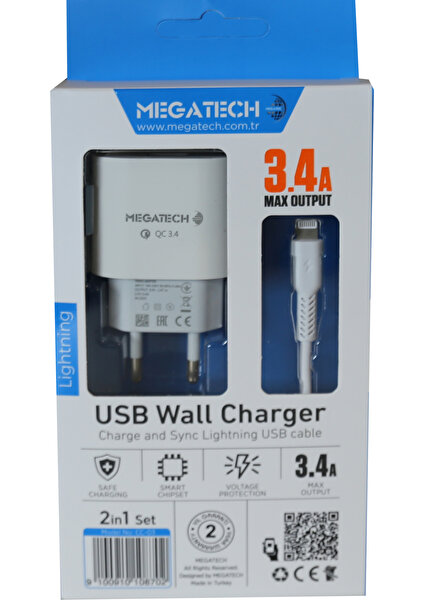 Cc-03 3.4A Lightning USB Kablo + Ev Şarj Adaptörü Hızlı Şarj