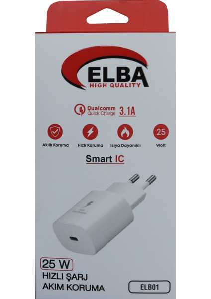 ELB01-25WPD Beyaz 25W Şarj Kafa Type Usb-C Pd3.0-Qc4.0(Akım Koruma-Hızlı Şarj-Isıya Dayanıklı)