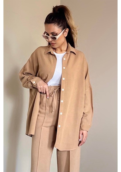 Kadın Keten Dokulu Carla Camel Oversize Gömlek