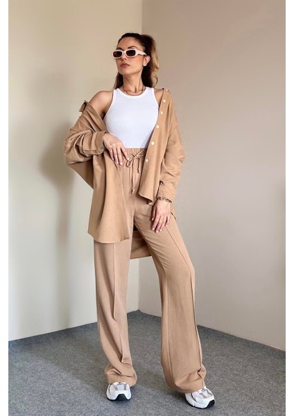 Kadın Keten Dokulu Carla Camel Oversize Gömlek