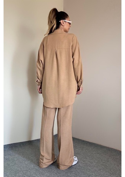 Kadın Keten Dokulu Carla Camel Oversize Gömlek