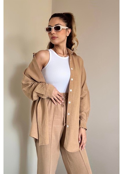 Kadın Keten Dokulu Carla Camel Oversize Gömlek