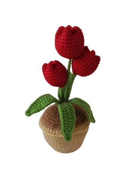 Örgü Kırmızı Üçlü Lale Amigurumi Organik Oyuncak
