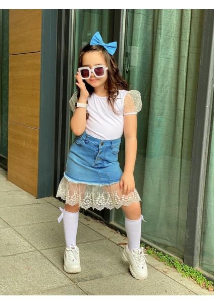 Kız Çocuk Karpuz Kol Bluzlu Dantel Detay Kot Etekli Alt Üst Takım 541236987 fiyatları