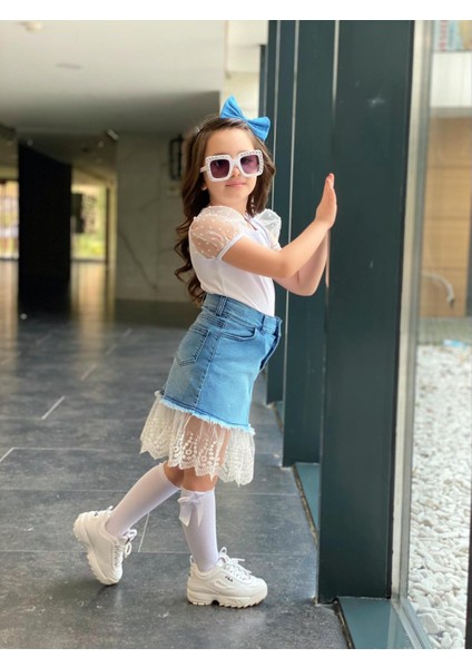 Kız Çocuk Karpuz Kol Bluzlu Dantel Detay Kot Etekli Alt Üst Takım 541236987 fırsatları