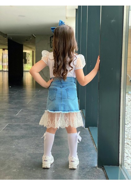 Kız Çocuk Karpuz Kol Bluzlu Dantel Detay Kot Etekli Alt Üst Takım 541236987 indirimleri