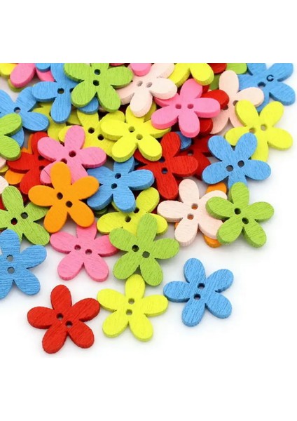 Ahşap Renkli Çiçek (2) Düğme 50 Adet 15 mm