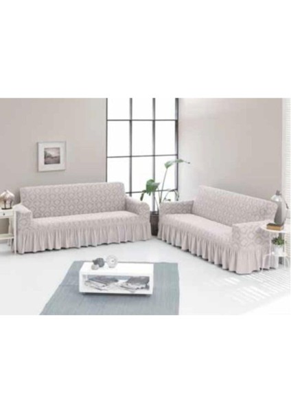 Jakarlı Koltuk Örtüsü (3+3) Çekyat Naturel