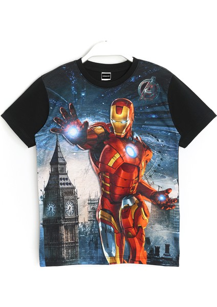 3D Erkek Çocuk Iron Man Demir Adam Baskılı T-Shirt Siyah