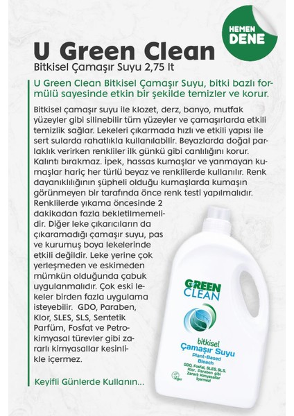 U Green Clean Green Clean Bitkisel Çamaşır Suyu 2,75 Lt