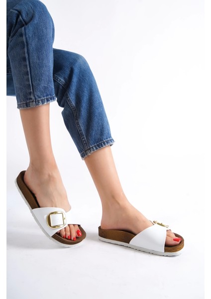 Grazia Kadın Kalın Tek Toka Beyaz Terlik