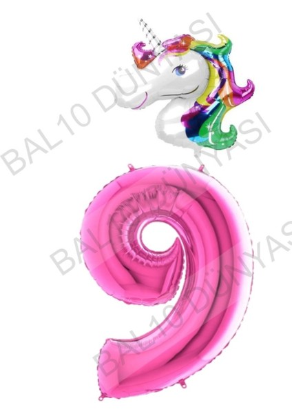 Unicorn Folyo Balon ve Fuşya Rakam Folyo Balon Seti 9