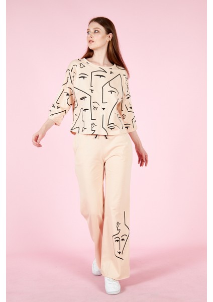 Kadın Baskılı Penye Pantolonlu Takım 23066 Bej