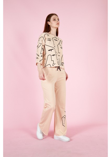 Kadın Baskılı Penye Pantolonlu Takım 23066 Bej fiyatları